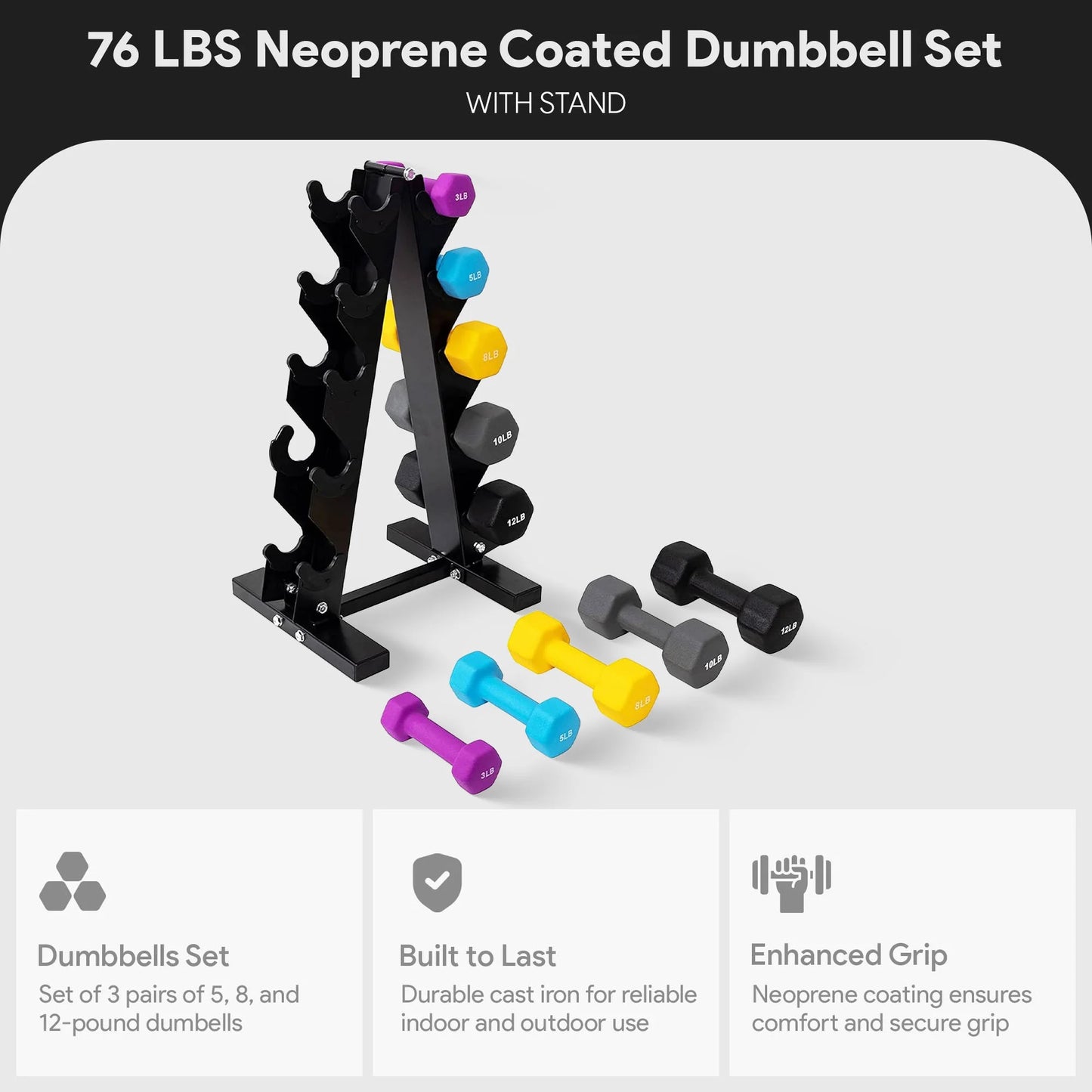 76 Lb Neoprene Coated Iron Dumbbell Hex Weights Set with Stand, Color-Coded