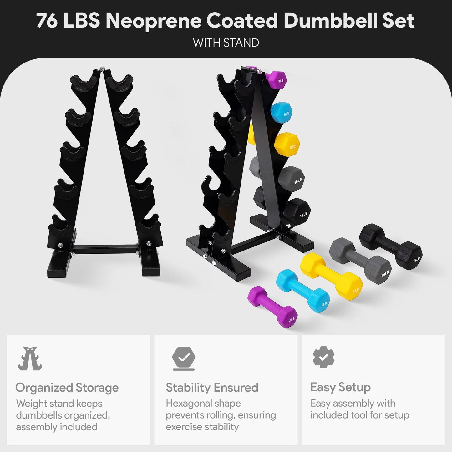 76 Lb Neoprene Coated Iron Dumbbell Hex Weights Set with Stand, Color-Coded