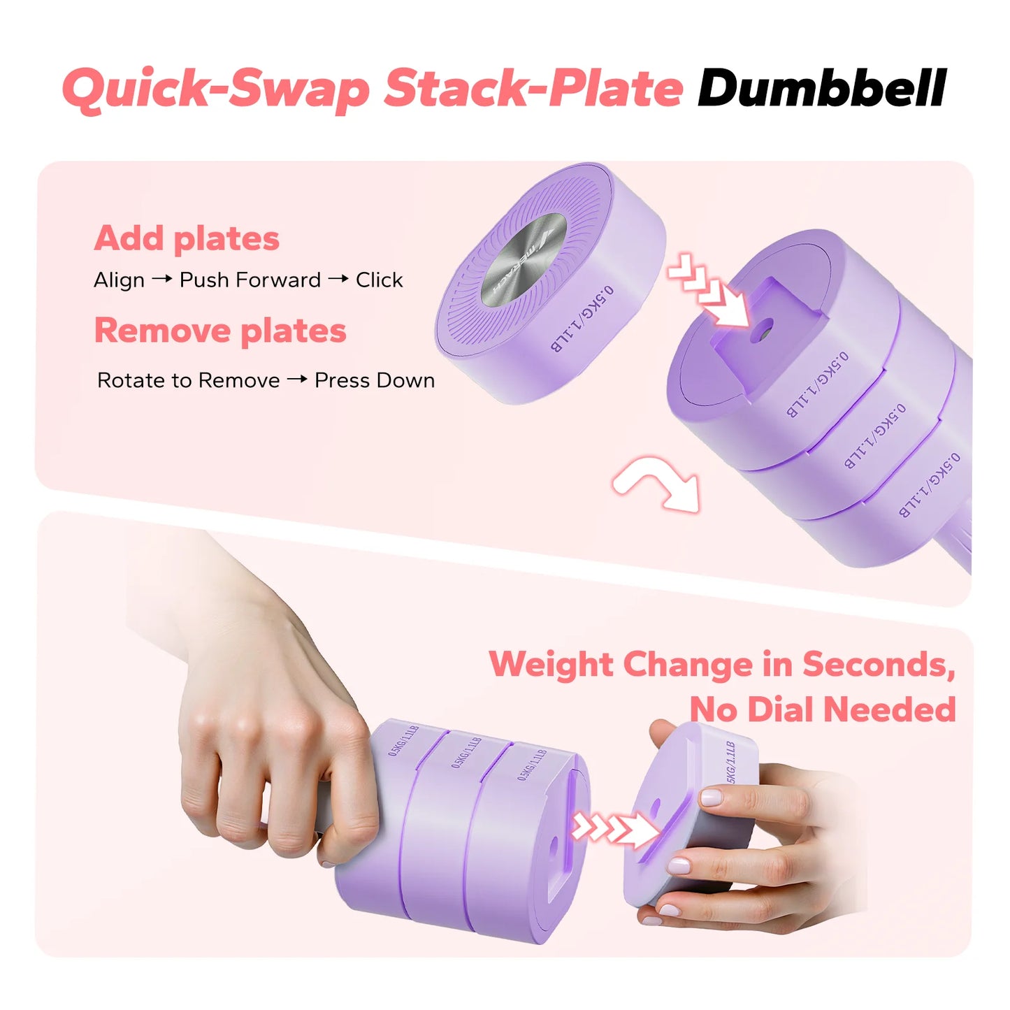 4-In-1 Adjustable Dumbbells, 2-Pack, Each 2.2/4.4/6.6/8.8 Lbs, Hand Weights for Women, for Home Fitness Training, Purple