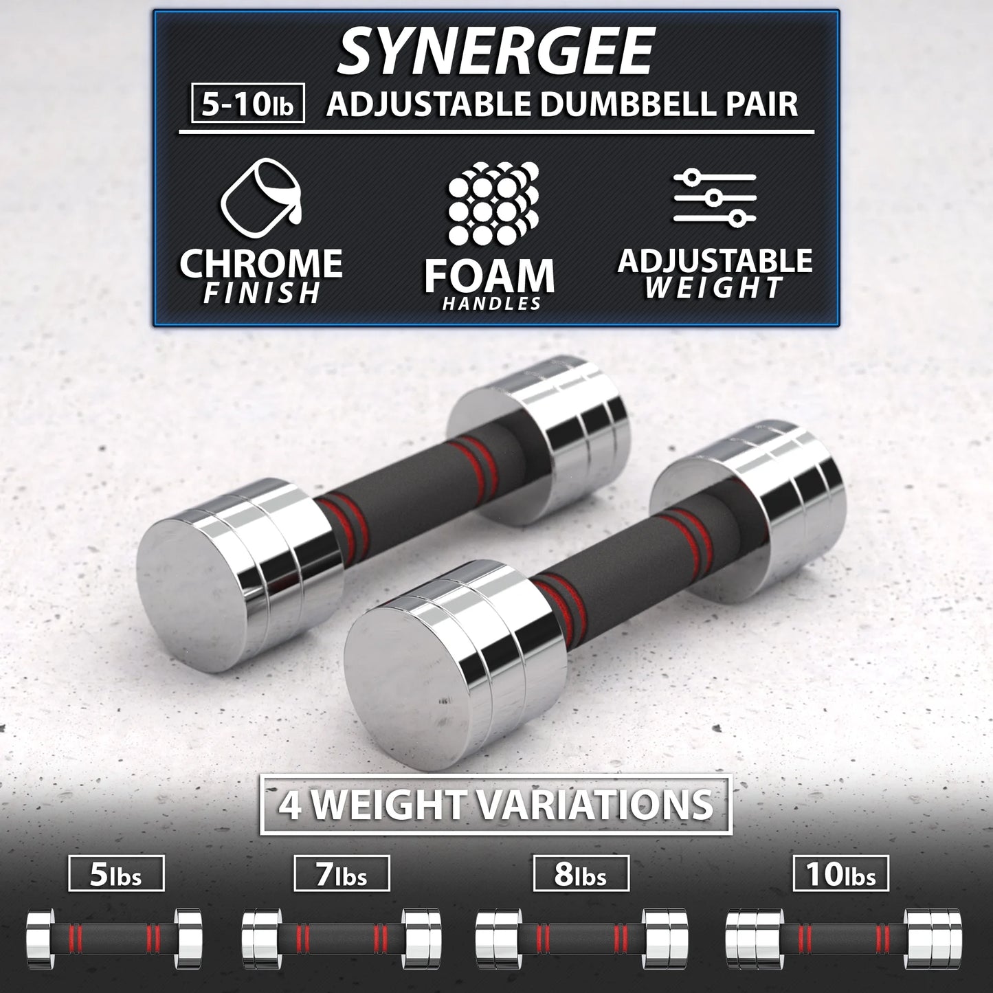 Ultra Compact Adjustable Dumbbell Set. Steel Weight Set with Foam Handles and Chrome Finish. Weights Range from 5-10 Lbs.