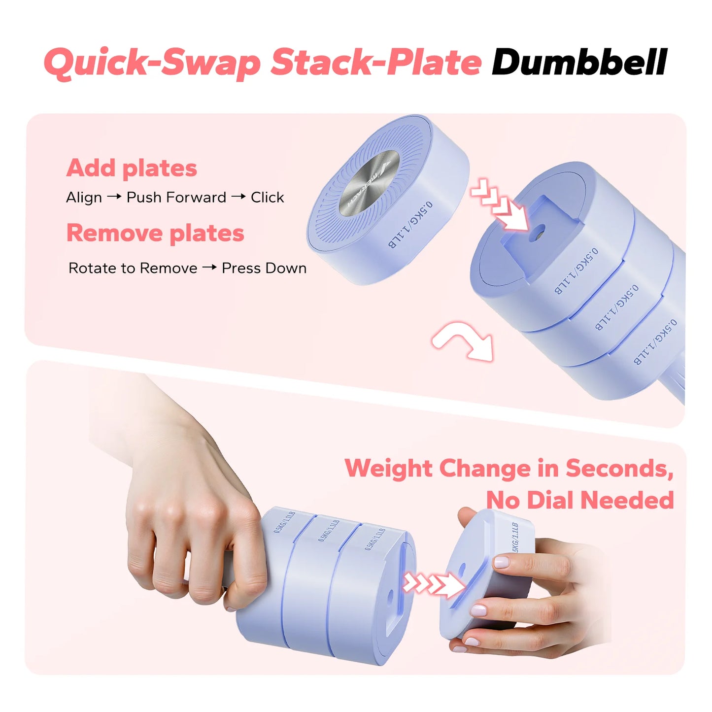4-In-1 Adjustable Dumbbells, 2-Pack, Each 2.2/4.4/6.6/8.8 Lbs, Hand Weights for Women, for Home Fitness Training, Blue