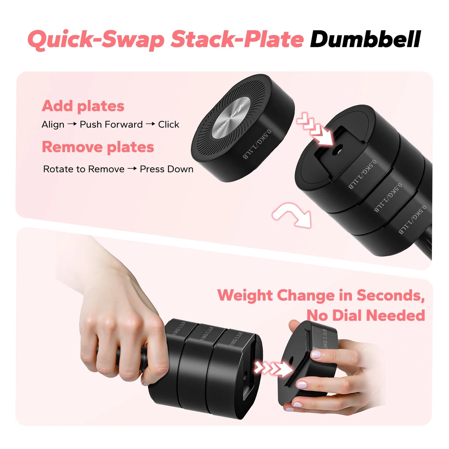4-In-1 Adjustable Dumbbells, 2-Pack, Each 2.2/4.4/6.6/8.8 Lbs, Hand Weights for Women, for Home Fitness Training, Black