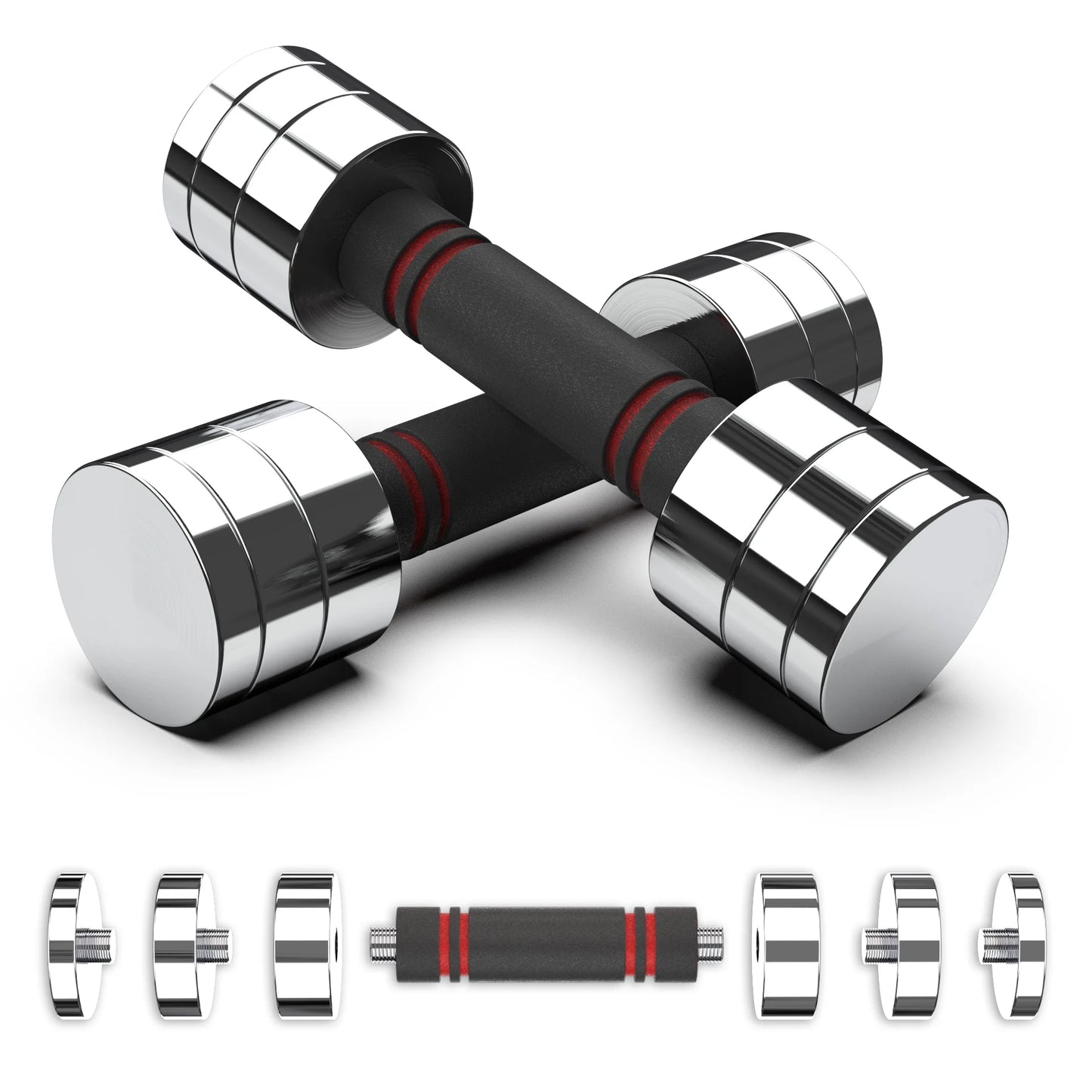 Ultra Compact Adjustable Dumbbell Set. Steel Weight Set with Foam Handles and Chrome Finish. Weights Range from 5-10 Lbs.