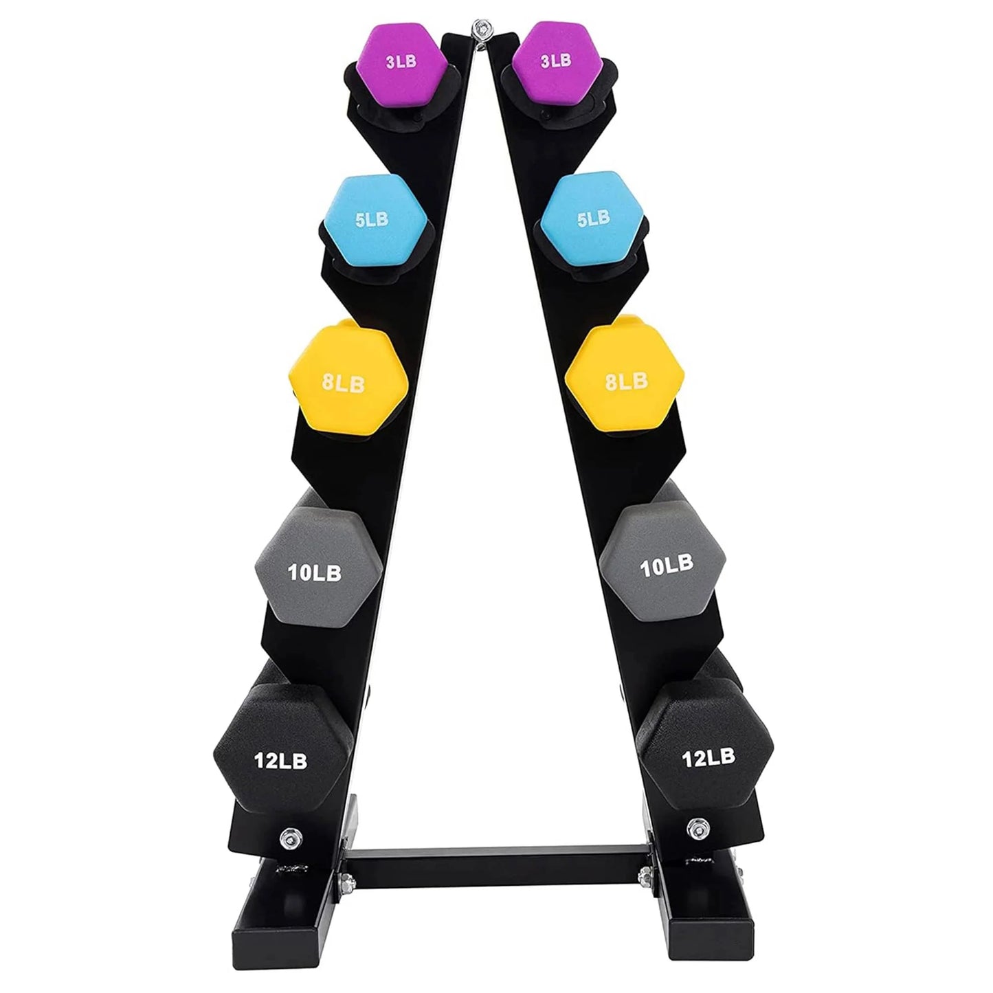 76 Lb Neoprene Coated Iron Dumbbell Hex Weights Set with Stand, Color-Coded