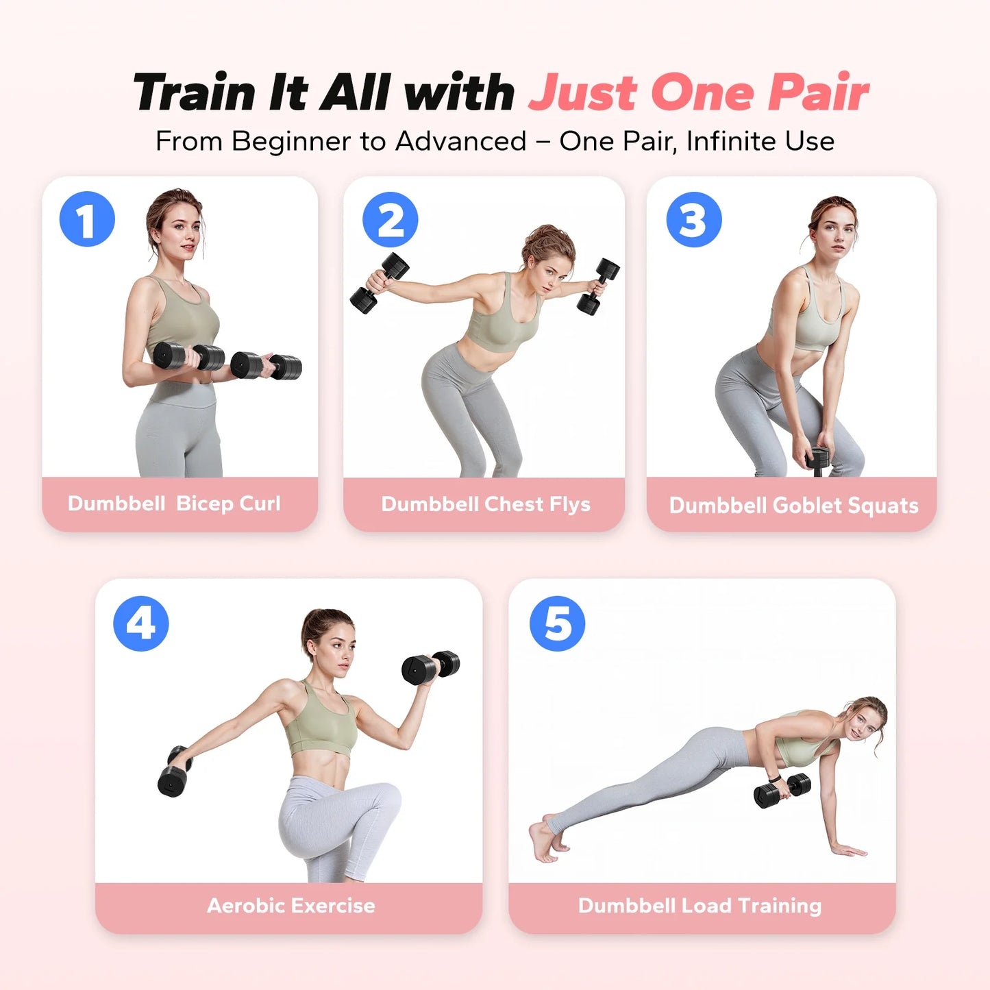 4-In-1 Adjustable Dumbbells, 2-Pack, Each 2.2/4.4/6.6/8.8 Lbs, Hand Weights for Women, for Home Fitness Training, Black