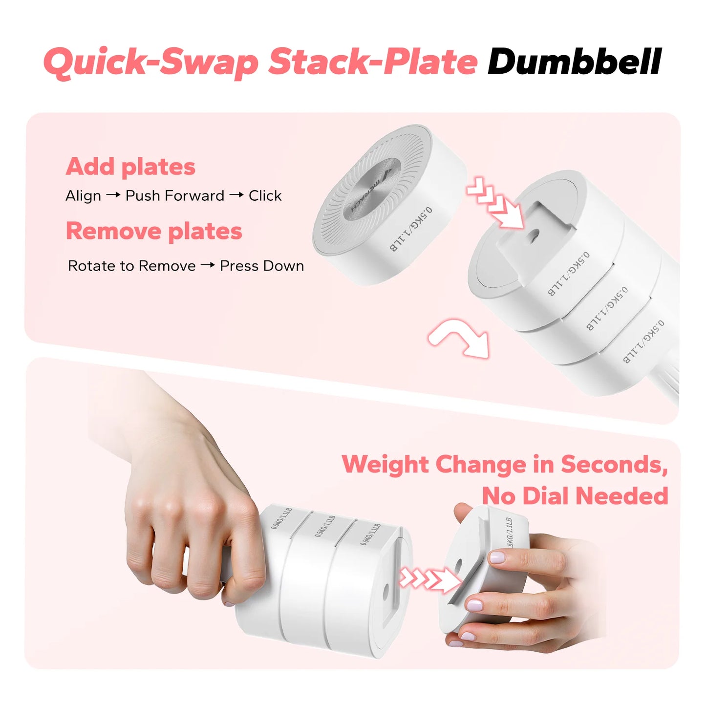 4-In-1 Adjustable Dumbbells, 2-Pack, Each 2.2/4.4/6.6/8.8 Lbs, Hand Weights for Women, for Home Fitness Training, White