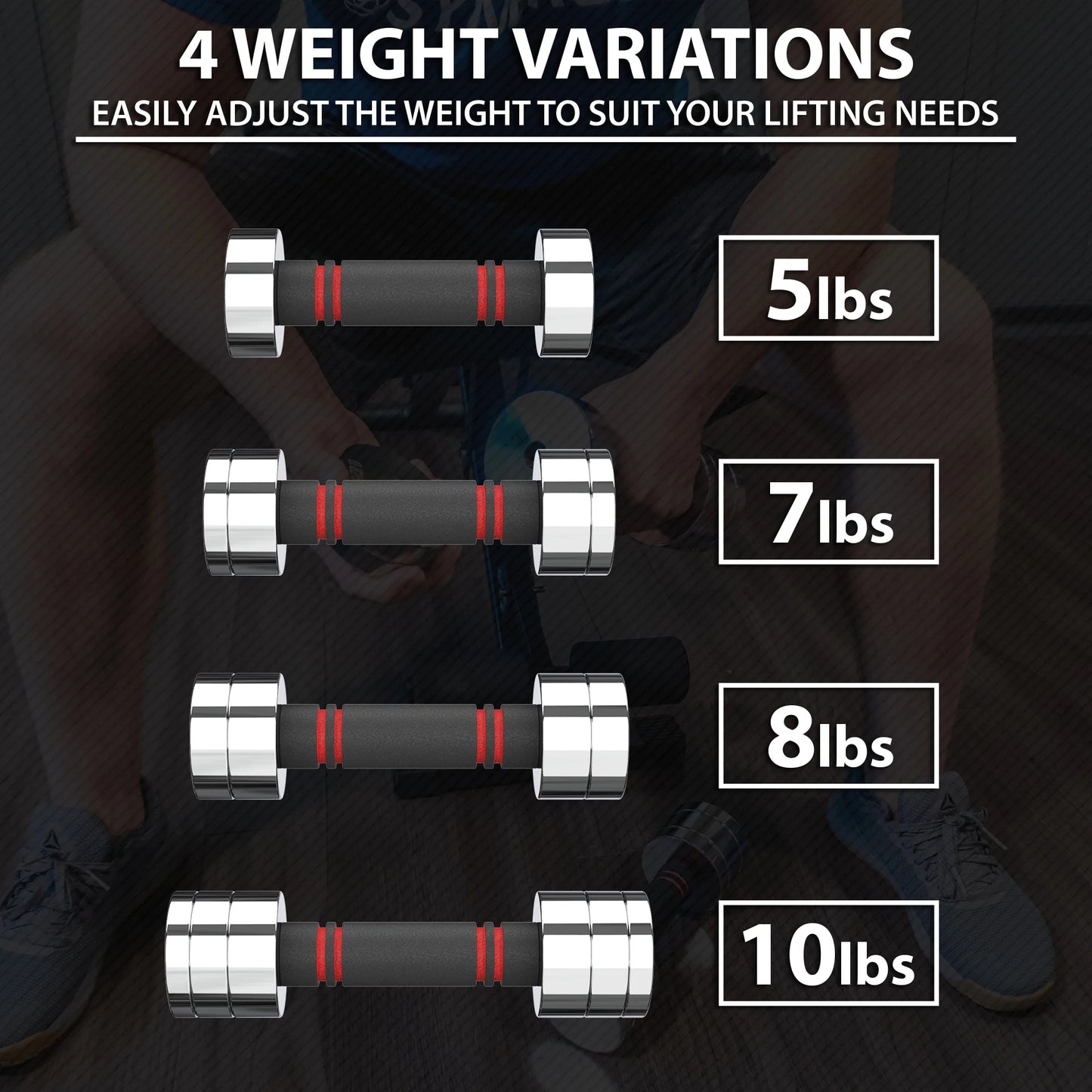 Ultra Compact Adjustable Dumbbell Set. Steel Weight Set with Foam Handles and Chrome Finish. Weights Range from 5-10 Lbs.