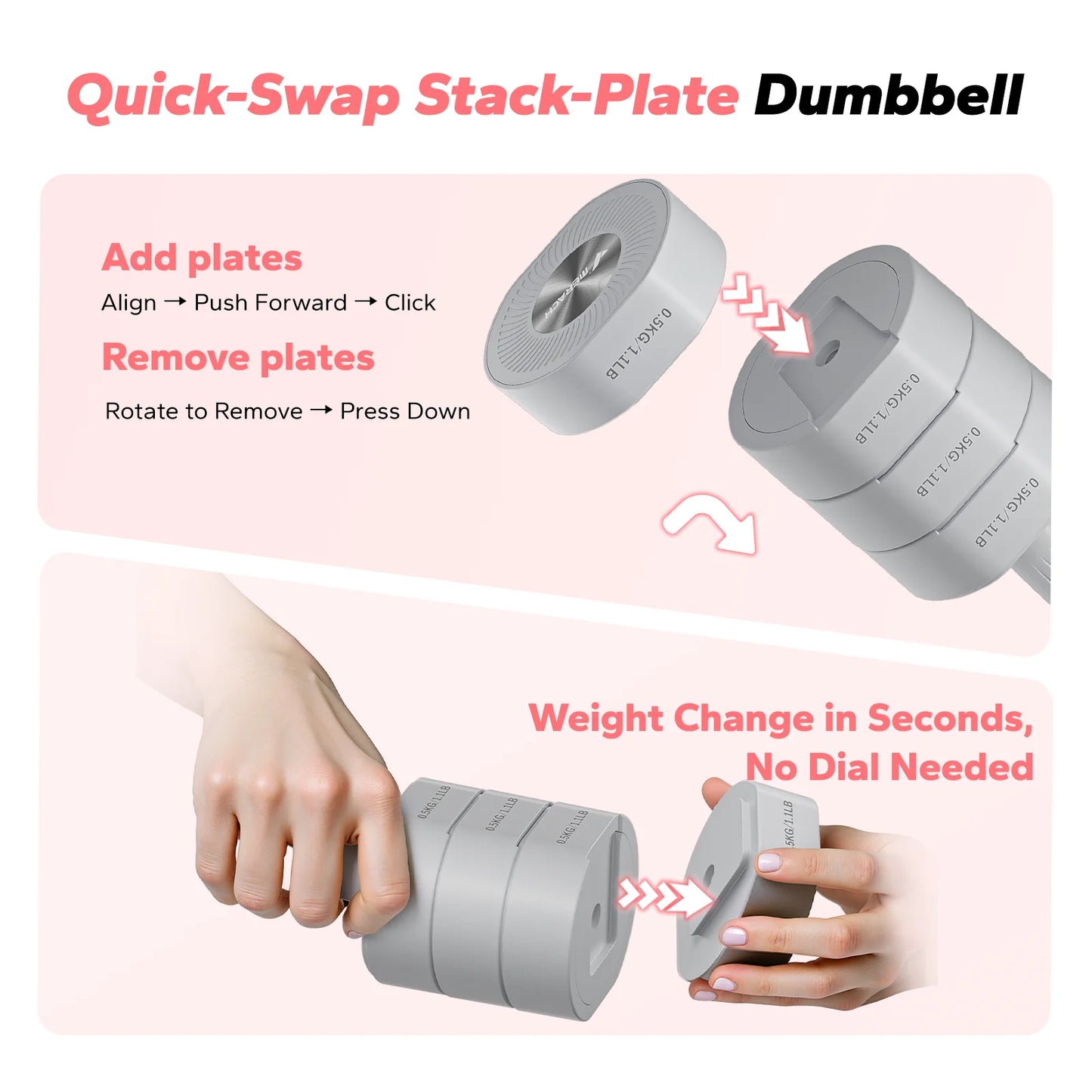 4-In-1 Adjustable Dumbbells, 2-Pack, Each 2.2/4.4/6.6/8.8 Lbs, Hand Weights for Women, for Home Fitness Training, Gray