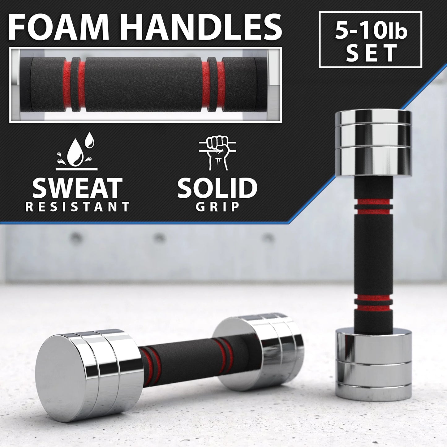 Ultra Compact Adjustable Dumbbell Set. Steel Weight Set with Foam Handles and Chrome Finish. Weights Range from 5-10 Lbs.