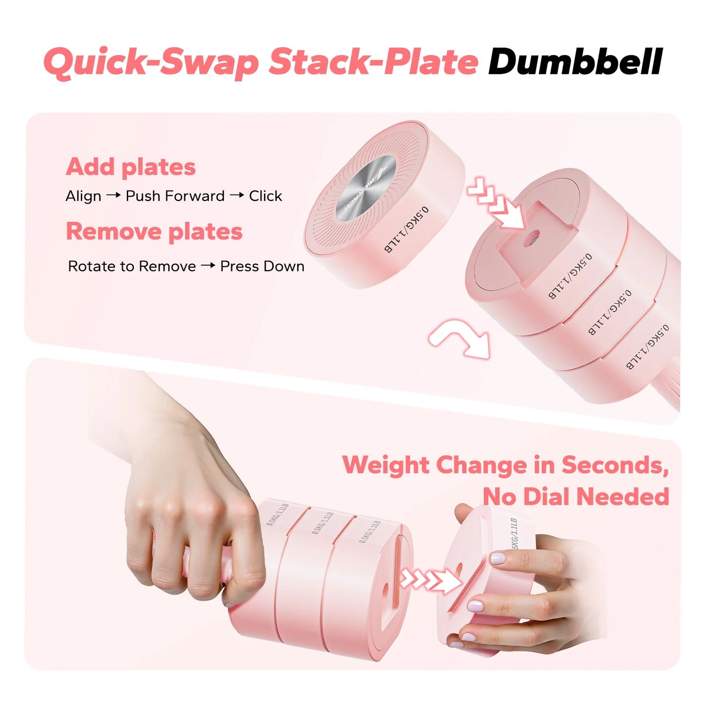 4-In-1 Adjustable Dumbbells, 2-Pack, Each 2.2/4.4/6.6/8.8 Lbs, Hand Weights for Women, for Home Fitness Training, Pink