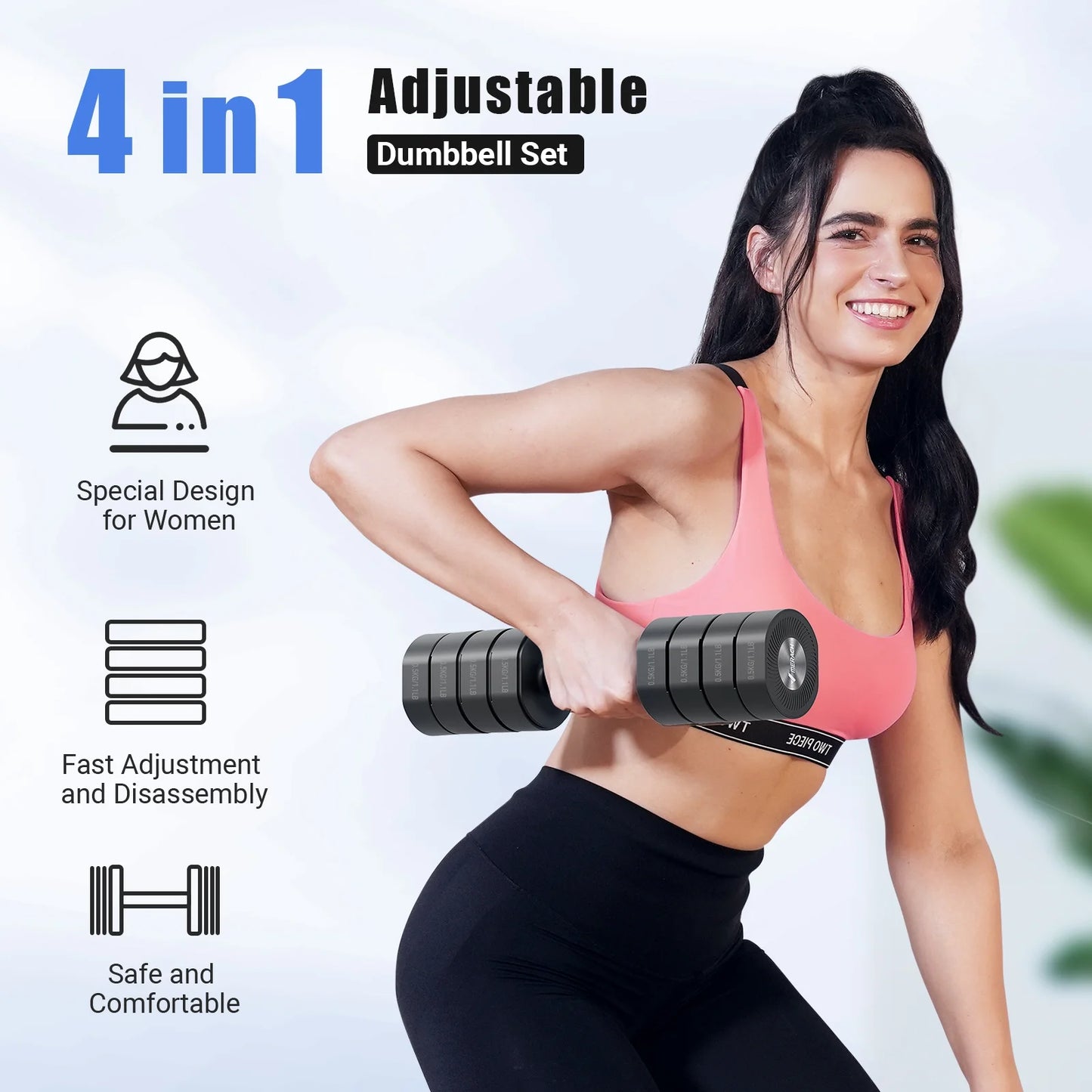8.8 Lbs Adjustable Dumbbells Set of 2, 4-In-1 Free Weights for Women, Hand Weights for Home Gym, Black