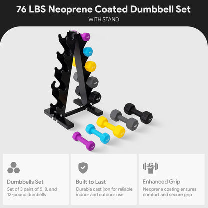 76 Lb Neoprene Coated Iron Dumbbell Hex Weights Set with Stand, Color-Coded