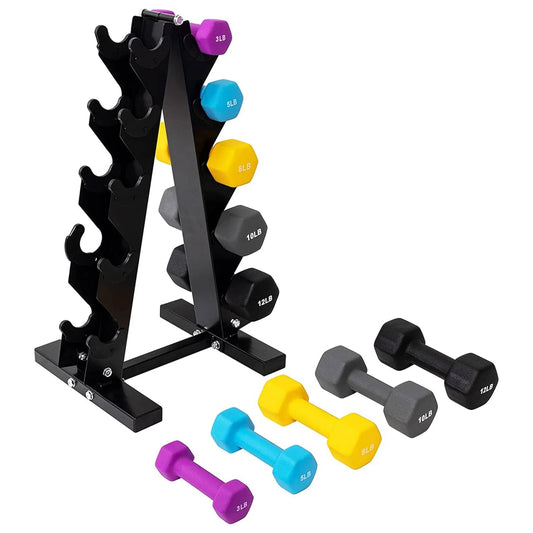 76 Lb Neoprene Coated Iron Dumbbell Hex Weights Set with Stand, Color-Coded