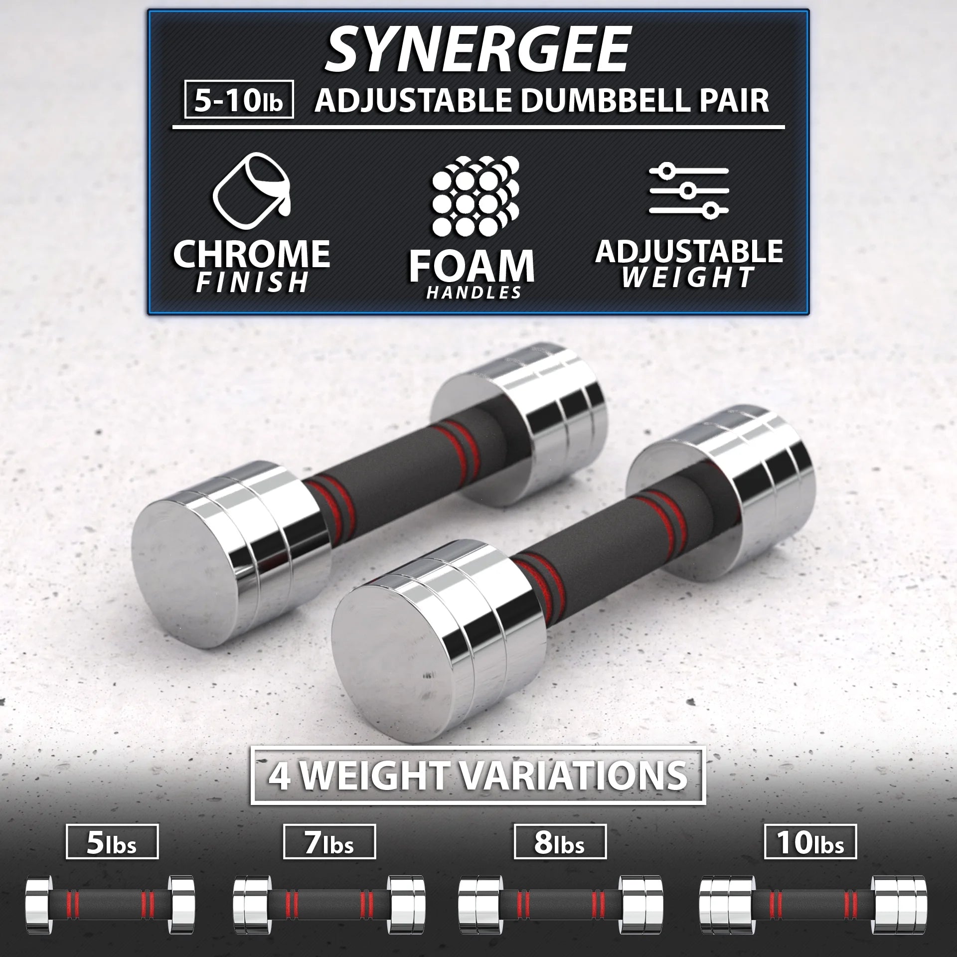 Ultra Compact Adjustable Dumbbell Set. Steel Weight Set with Foam Handles and Chrome Finish. Weights Range from 5-10 Lbs.