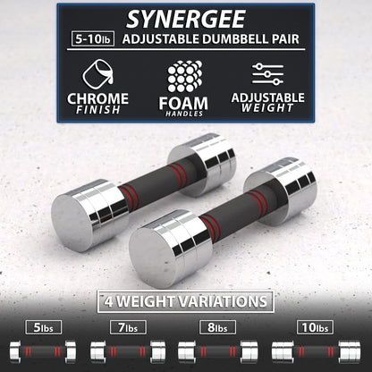 Ultra Compact Adjustable Dumbbell Set. Steel Weight Set with Foam Handles and Chrome Finish. Weights Range from 5-10 Lbs.