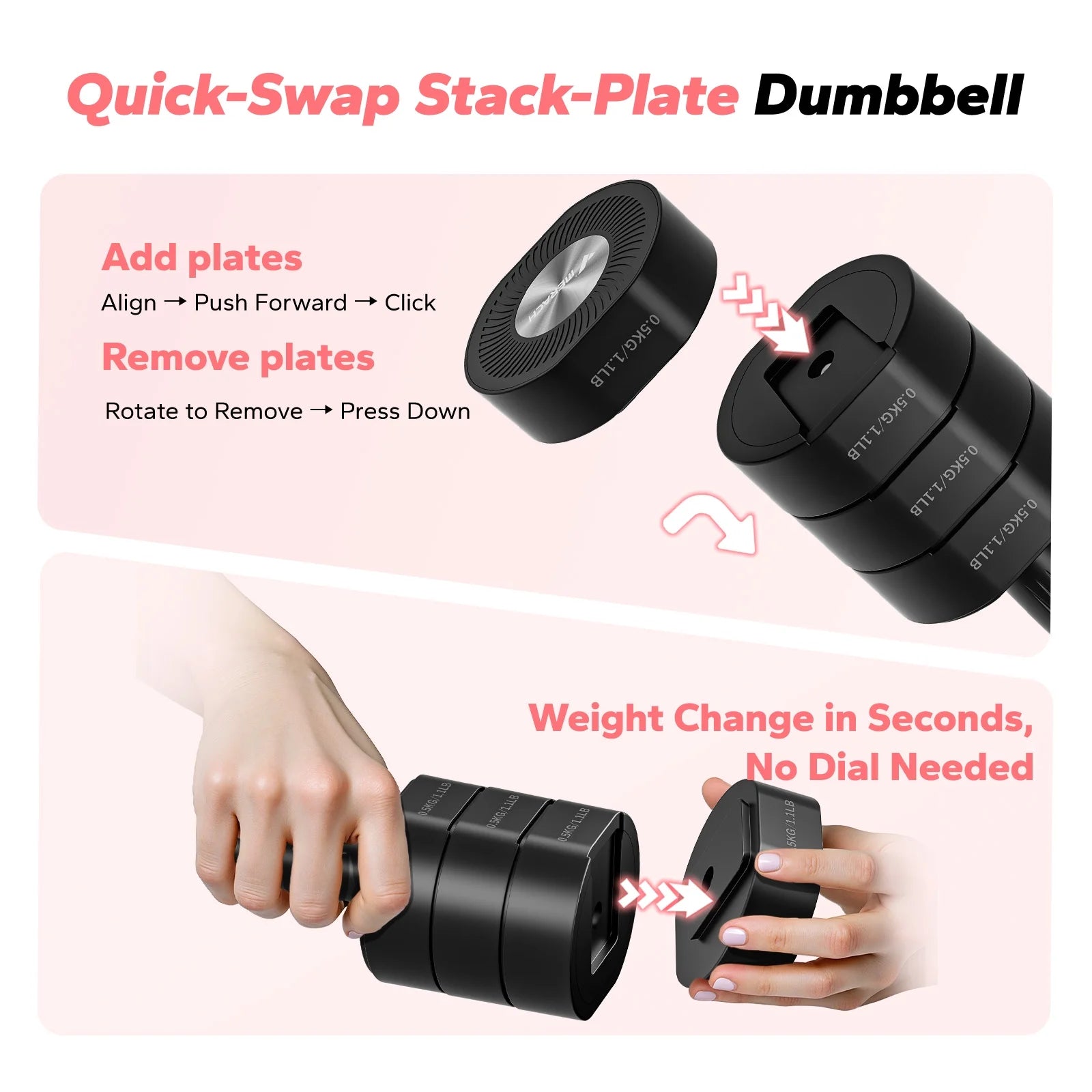 4-In-1 Adjustable Dumbbells, 2-Pack, Each 2.2/4.4/6.6/8.8 Lbs, Hand Weights for Women, for Home Fitness Training, Black