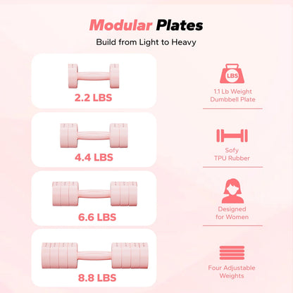 4-In-1 Adjustable Dumbbells, 2-Pack, Each 2.2/4.4/6.6/8.8 Lbs, Hand Weights for Women, for Home Fitness Training, Pink
