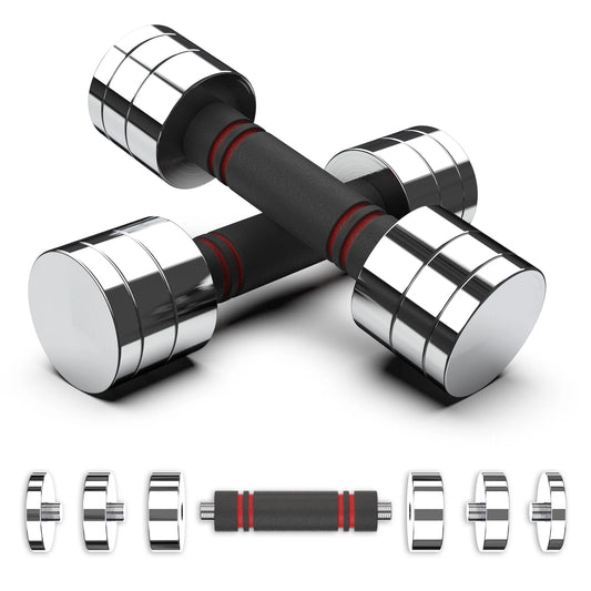 Ultra Compact Adjustable Dumbbell Set. Steel Weight Set with Foam Handles and Chrome Finish. Weights Range from 5-10 Lbs.