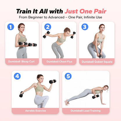 4-In-1 Adjustable Dumbbells, 2-Pack, Each 2.2/4.4/6.6/8.8 Lbs, Hand Weights for Women, for Home Fitness Training, Black