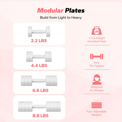 4-In-1 Adjustable Dumbbells, 2-Pack, Each 2.2/4.4/6.6/8.8 Lbs, Hand Weights for Women, for Home Fitness Training, White