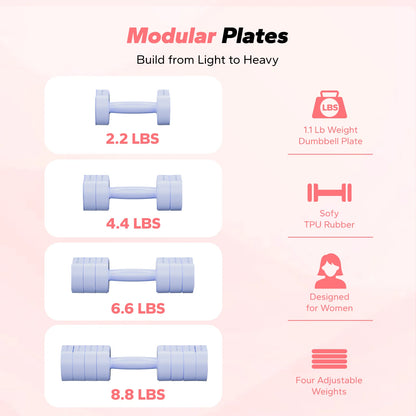 4-In-1 Adjustable Dumbbells, 2-Pack, Each 2.2/4.4/6.6/8.8 Lbs, Hand Weights for Women, for Home Fitness Training, Blue