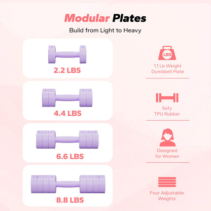 4-In-1 Adjustable Dumbbells, 2-Pack, Each 2.2/4.4/6.6/8.8 Lbs, Hand Weights for Women, for Home Fitness Training, Purple